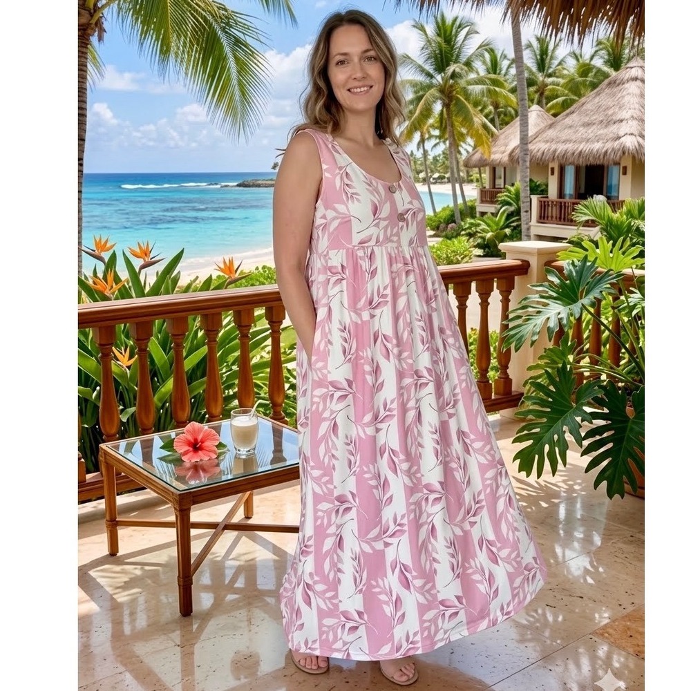 JustFashionNow Pink White Leaf Stripe Maxi Dress XL Sleeveless Pockets Jersey